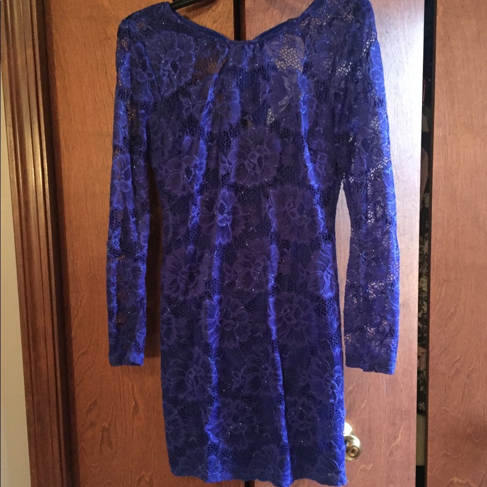 Long sleeve navy blue sparkly dress with tie back